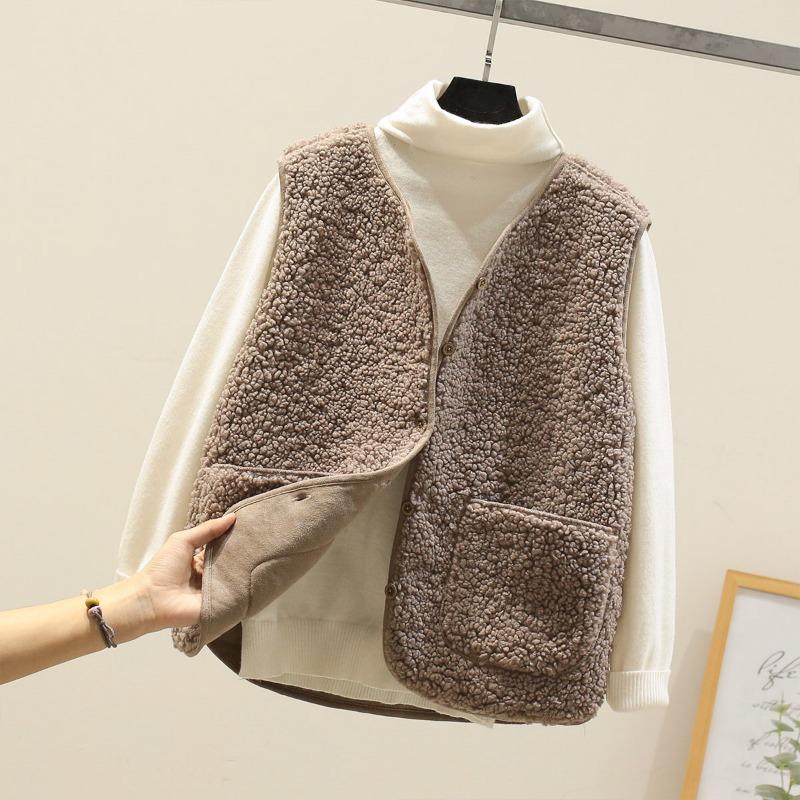 Lamb Wool Vest Women's Short Autumn and Winter New Fur Integrated Vest Granular Plush Vest Jacket