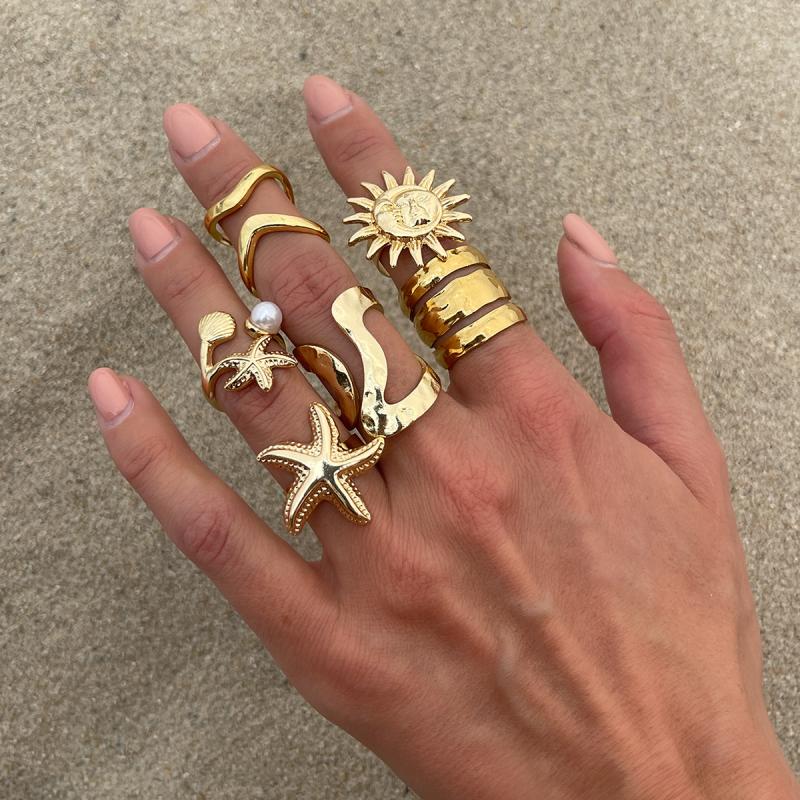 6 Pcs/Set Vintage Sun Starfish Open Rings For Women Men Punk Irregular Pleated Pearl Ring Vacation Beach Personalized Jewelry