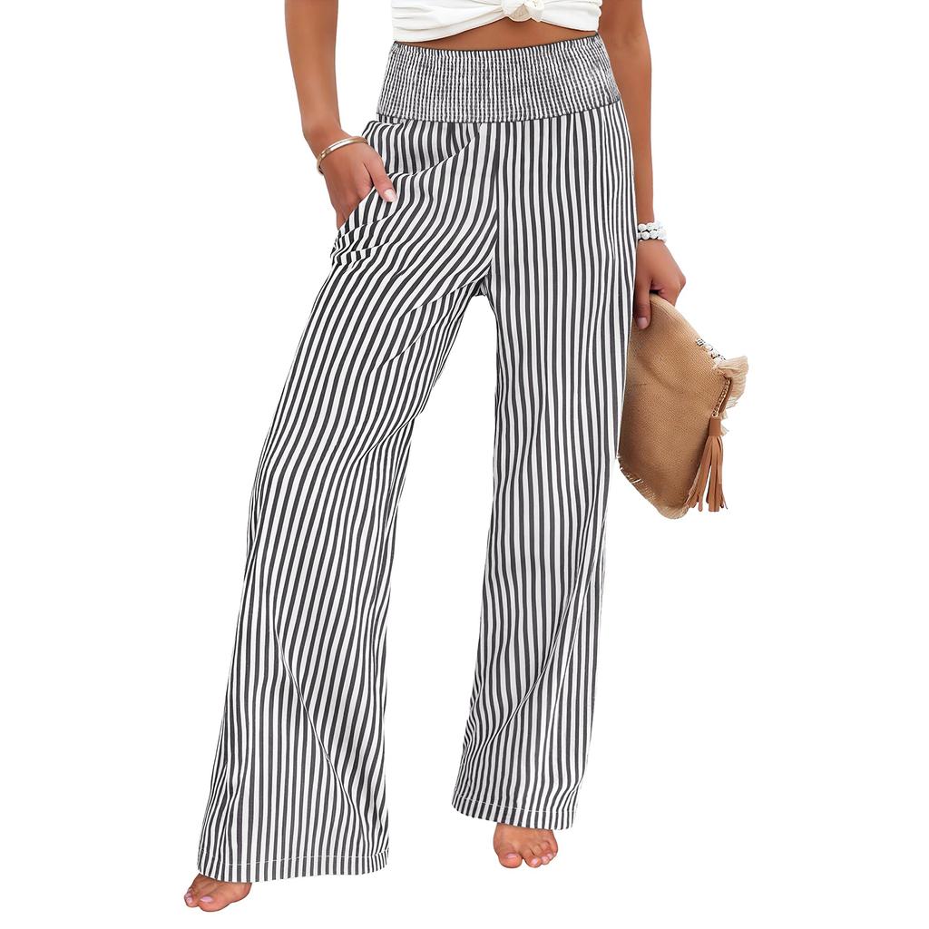 Women's Fashion Loose Pleated Elastic Waistband Pocket Striped Casual Pants