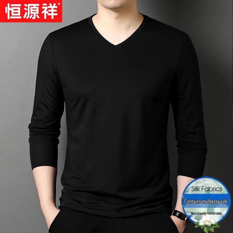 Hangyuanxiang Men's Cotton Silk Blend V-Neck Long Sleeve T-Shirt