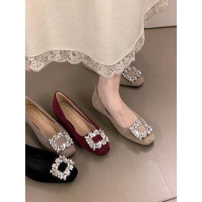 Ocean One French Rhinestone Temperament Inner Height Increase Single Shoes Women's Autumn and Winter Square Head Advanced Commuting Shoes Versatile
