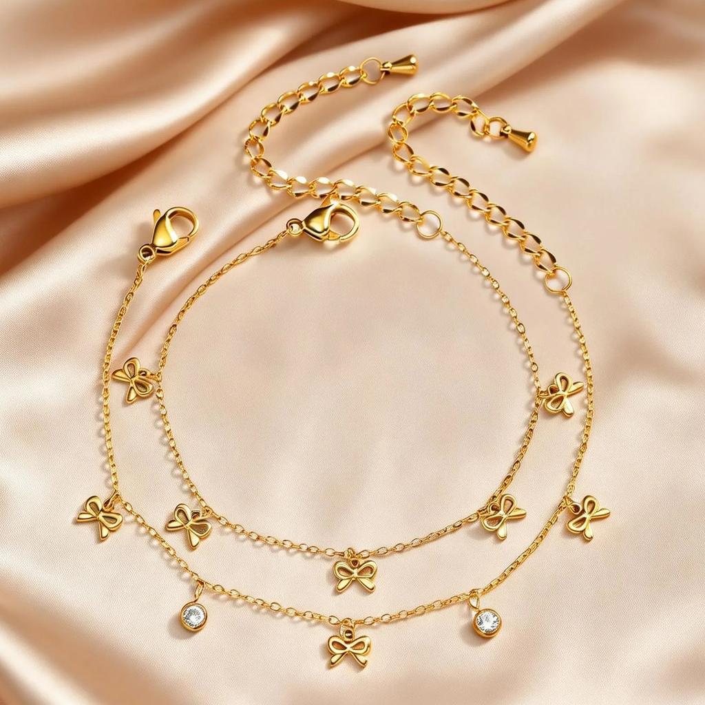 Dainty Bowknot Bracelet for Women, 18K Gold Plated Stainless Steel Adjustable Chain Zircon Bow Bracelet, Non-fading Jewelry Gift