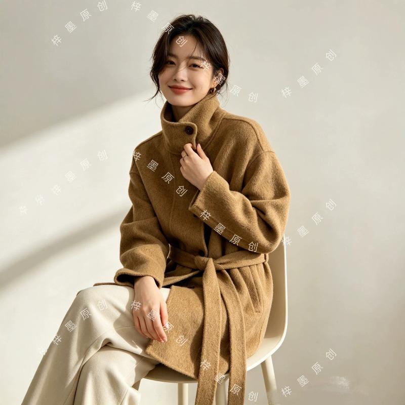 Classic autumn and winter stand-up collar loose and lazy thickened medium and long double-sided wool coat for women