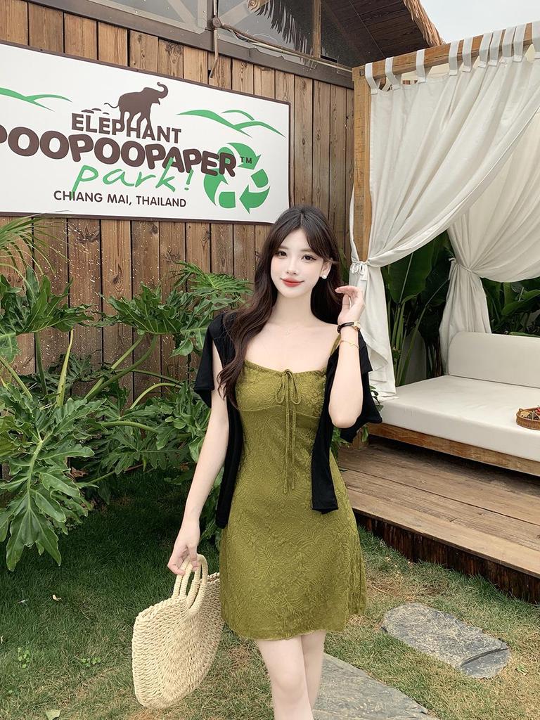 Summer 2026 Plus Size Retro Waist-Cinched Camisole Dress & Cardigan Set