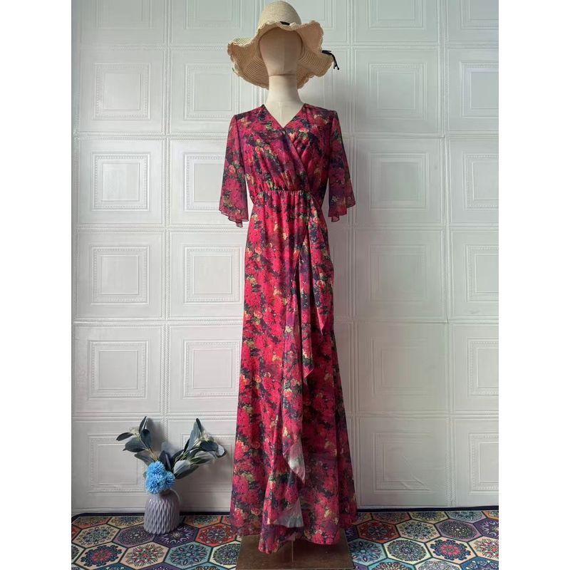 

Fashion Wind New Arrival Fashion Print Sexy V-neck Loose Long Sleeves Dress Printed V-neck Dress Red XL