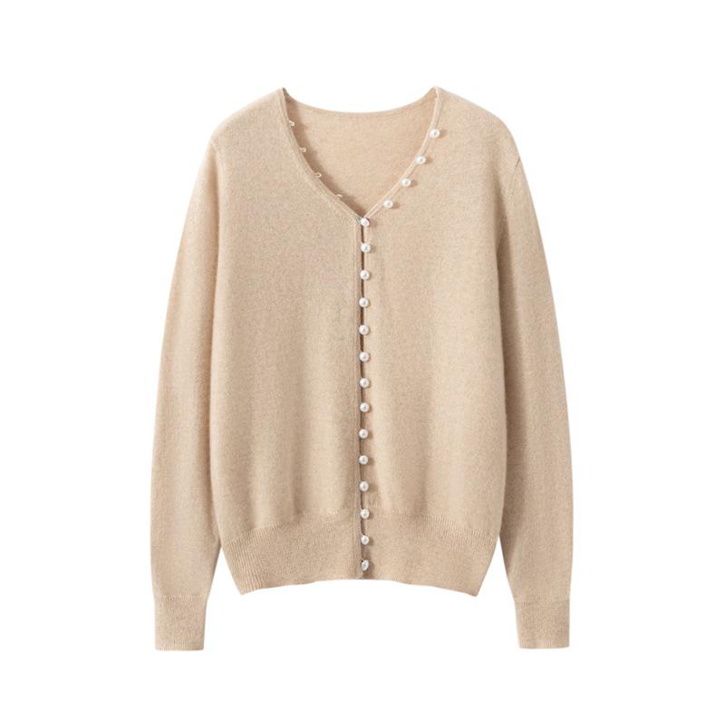 Women's 100% Cashmere Pearl-Embellished V-Neck Cardigan Sweater