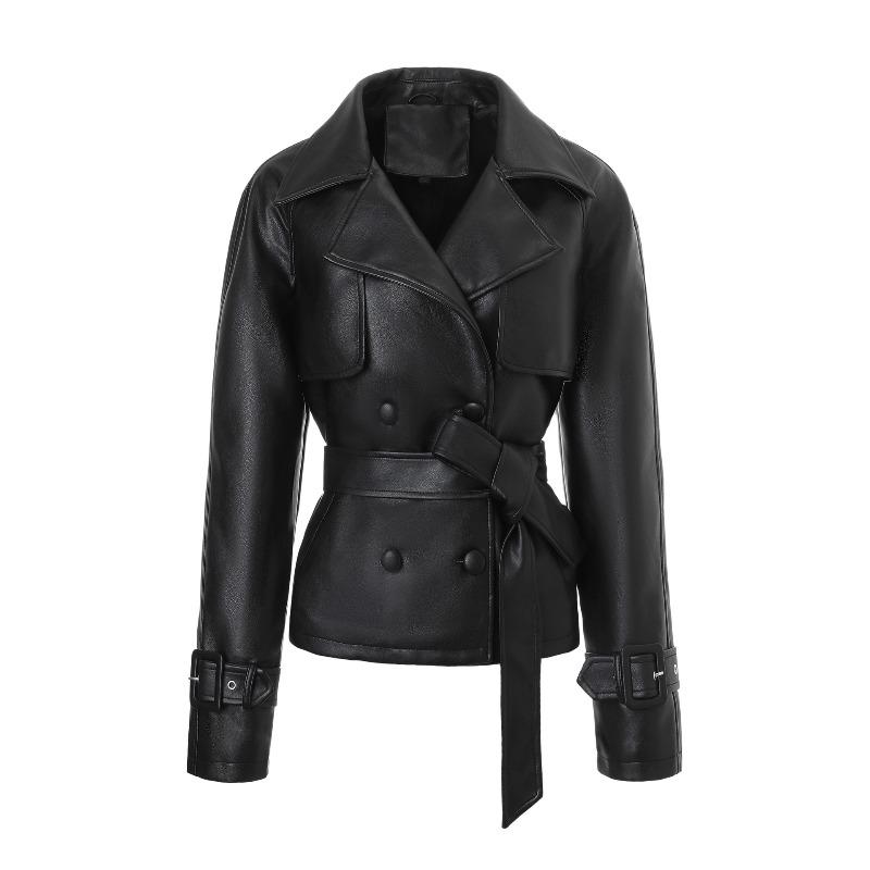 Women`s Leather Jacket Lapel Double-breasted Locomotive