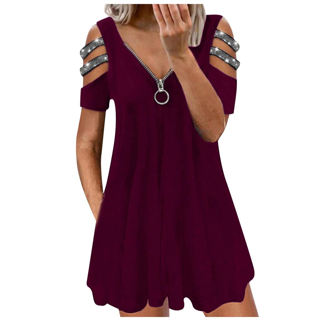 Women's Fashion  Strapless Solid Color V-Neck Short Sleeves Leisure Dress