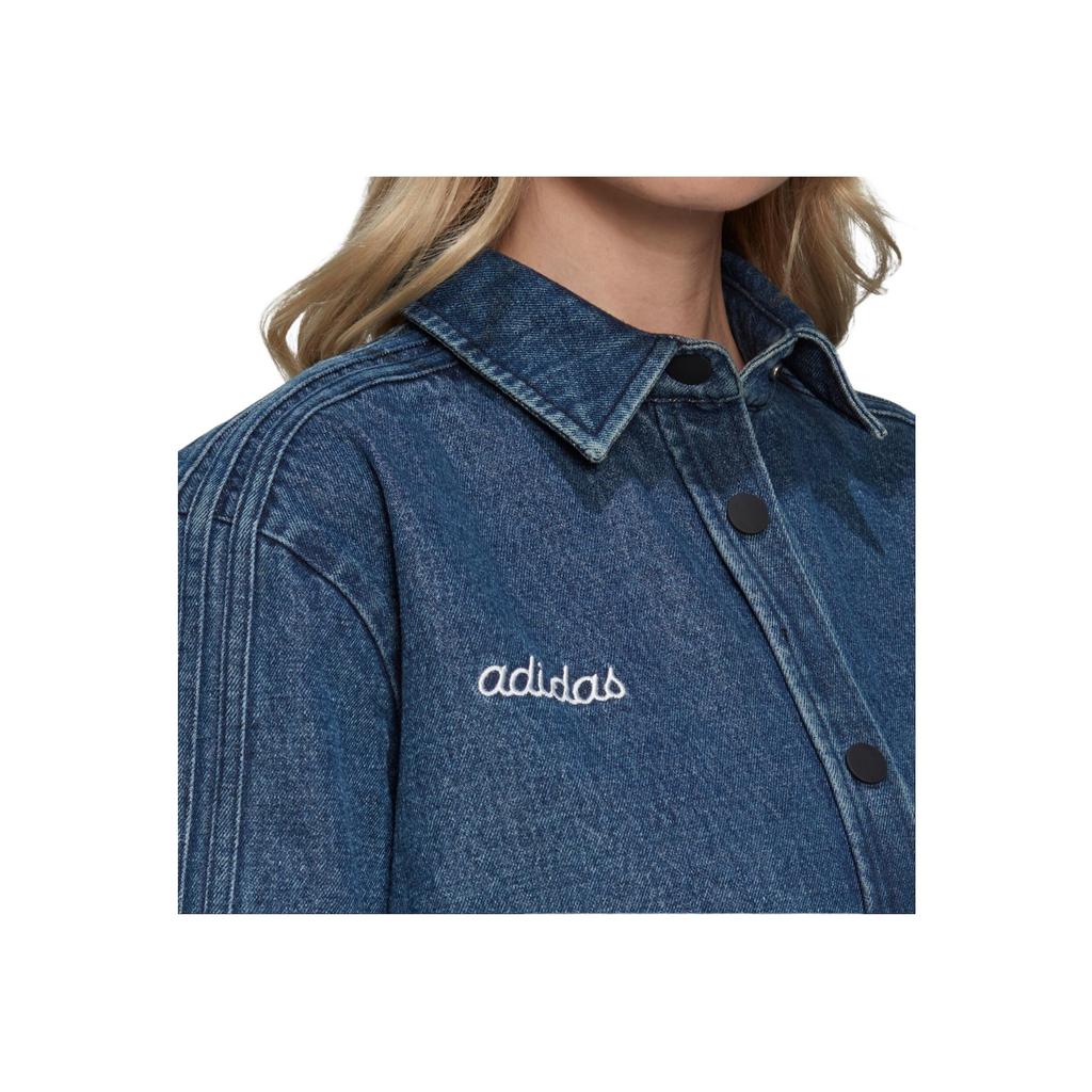 Adidas Originals FW22 Embroidered Logo Single-Breasted Denim Sports Short Sleeve Shirt Women Tops Blue HL9059