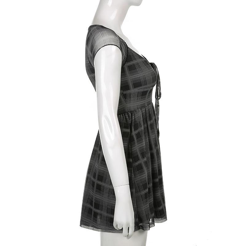 Goth Girl Mini Dress Plaid Square Collar Elegant Sexy Party Dresses Women Patchwork Mesh Sleeve Streetwear