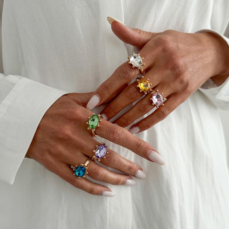 Waterproof Geometric Rhinestone Opening Rings for Women Dainty Colored Gemstone Jewelry for Birthday Gift for Her