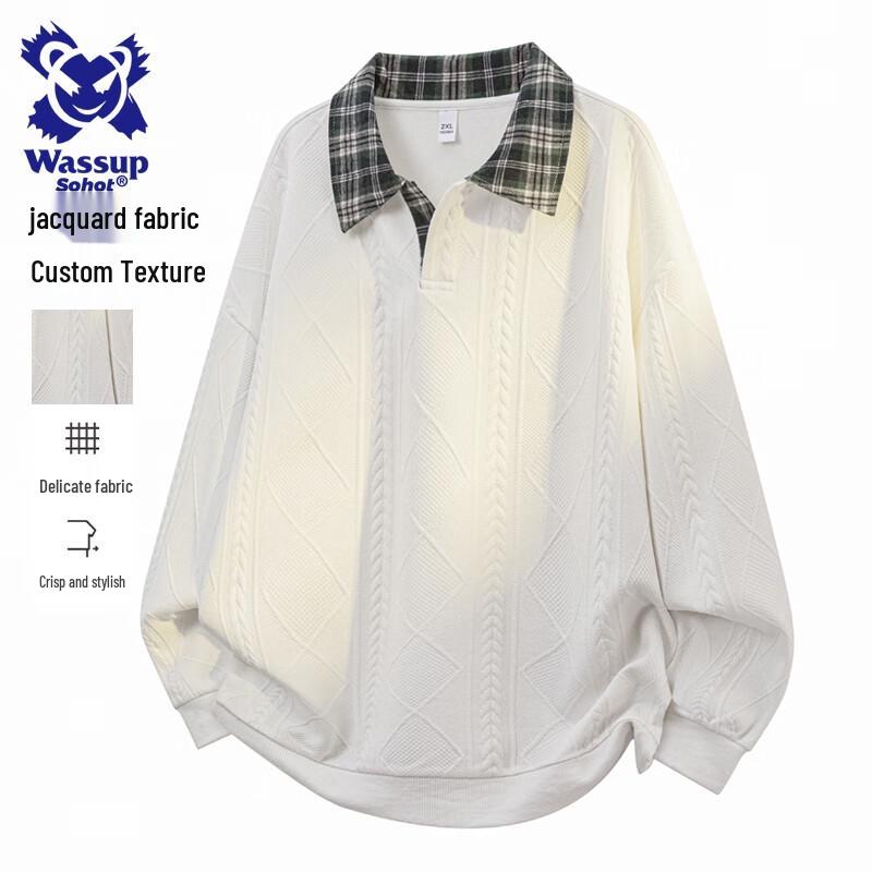 Wassup Sohot Men's American Style Color-block Lapel Fake Two-Piece Polo Sweatshirt