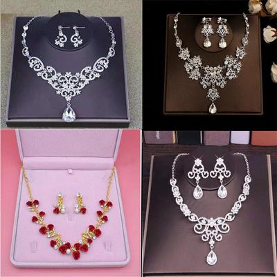 Korean Bridal Necklace & Earrings Set - Rhinestone & Pearl Wedding Accessories