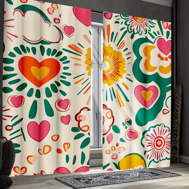 2Pcs Cartoon Heart Graffiti Print Curtains,suitable for Bedroom,living Room Kitchen Decoration,home Decoration,window Decoration