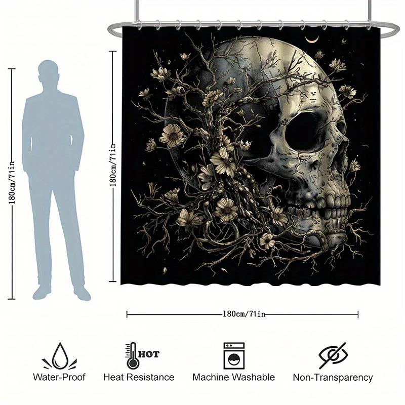 Halloween Skull and Flower Shower Curtain Set - 12 Hooks, Water-resistant Polyester, All-season, Abstract Pattern, Horror Theme