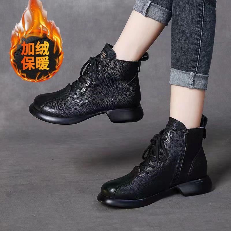 Weiche Leder-Kurzstiefel Winter Neu Martin Boots Bequem Samt Rutschfest Retro Plateau Ritterstiefel