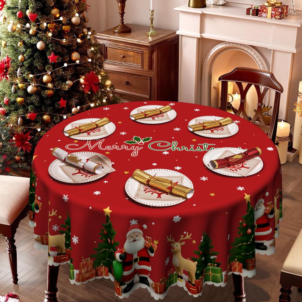 Christmas Red Festive Tablecloth, Santa Reindeer Gift Tree Waterproof Coffee Table Tablecloth, Family Tablecloth