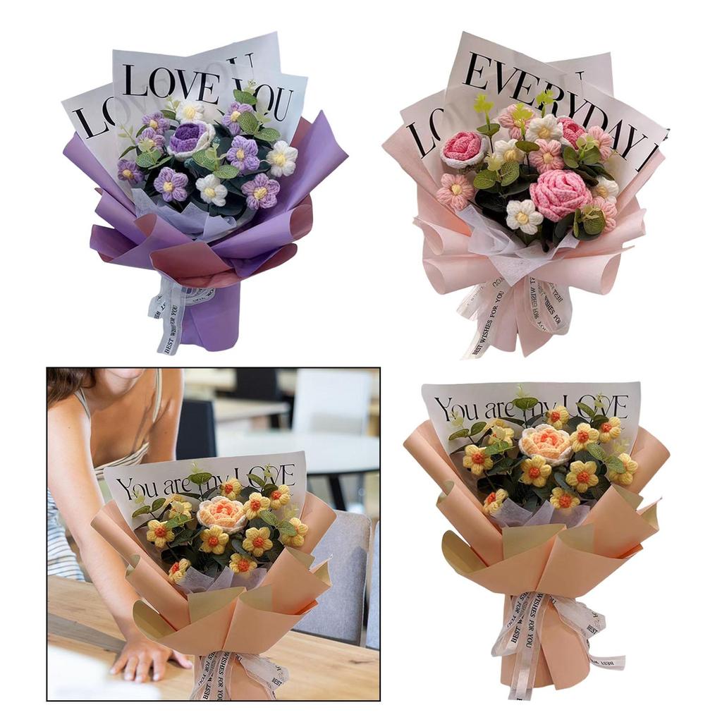 Artificial Knitted Bouquet Flower Arrangement Centerpiece Home Ornament for Festival Celebration Wedding or Table Decoration