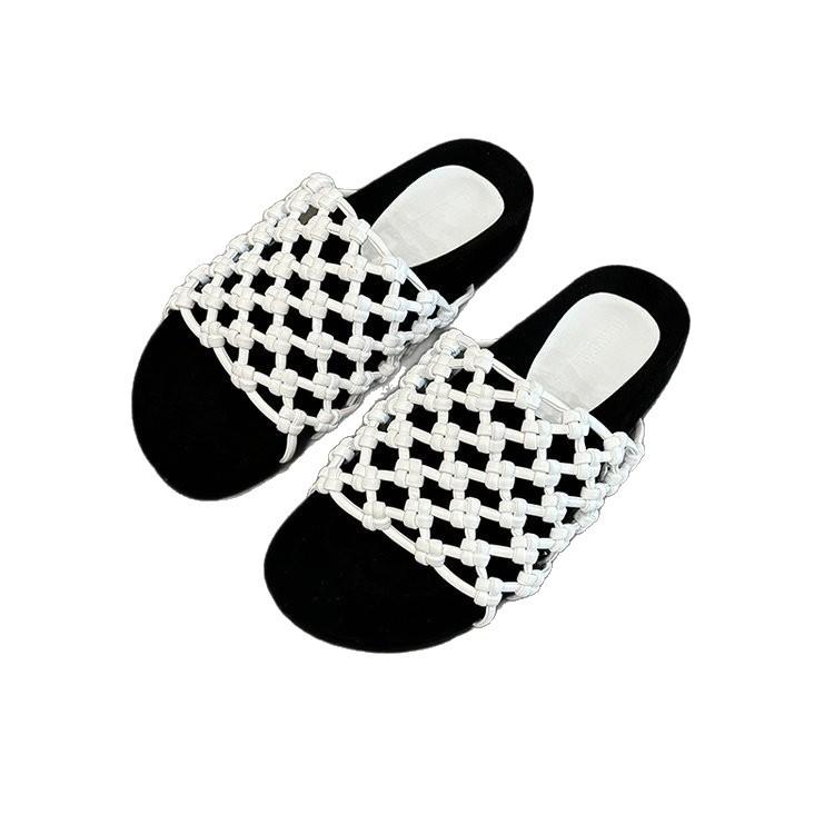 Soft leather version~ hand-woven fishing net hollow thick-soled beach shoes women's versatile casual round toe cool slippers