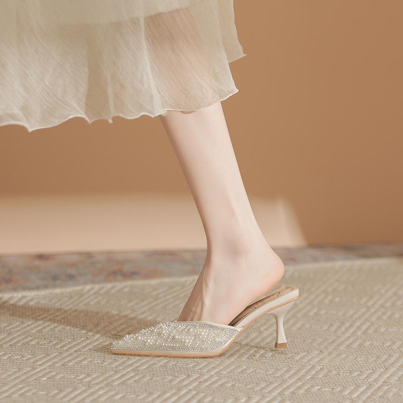 Fashion Internet celebrity pearl rhinestone toe cap half slipper women's summer slim heel sandals pointed high heels