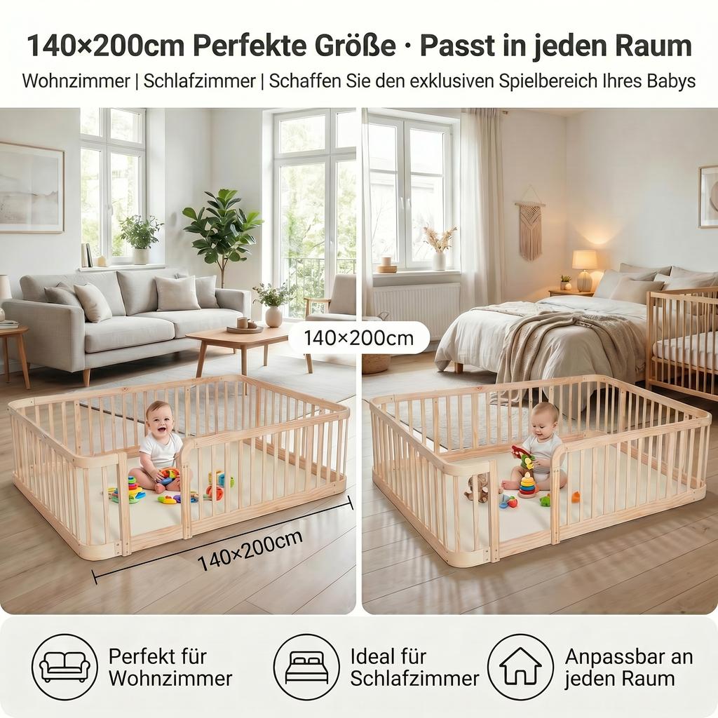 140×200cm Natural Wood Modular Baby Playpen, 7cm Standard-Compliant Gap, Rounded Edges, Universal Child Safety Fence for Indoors