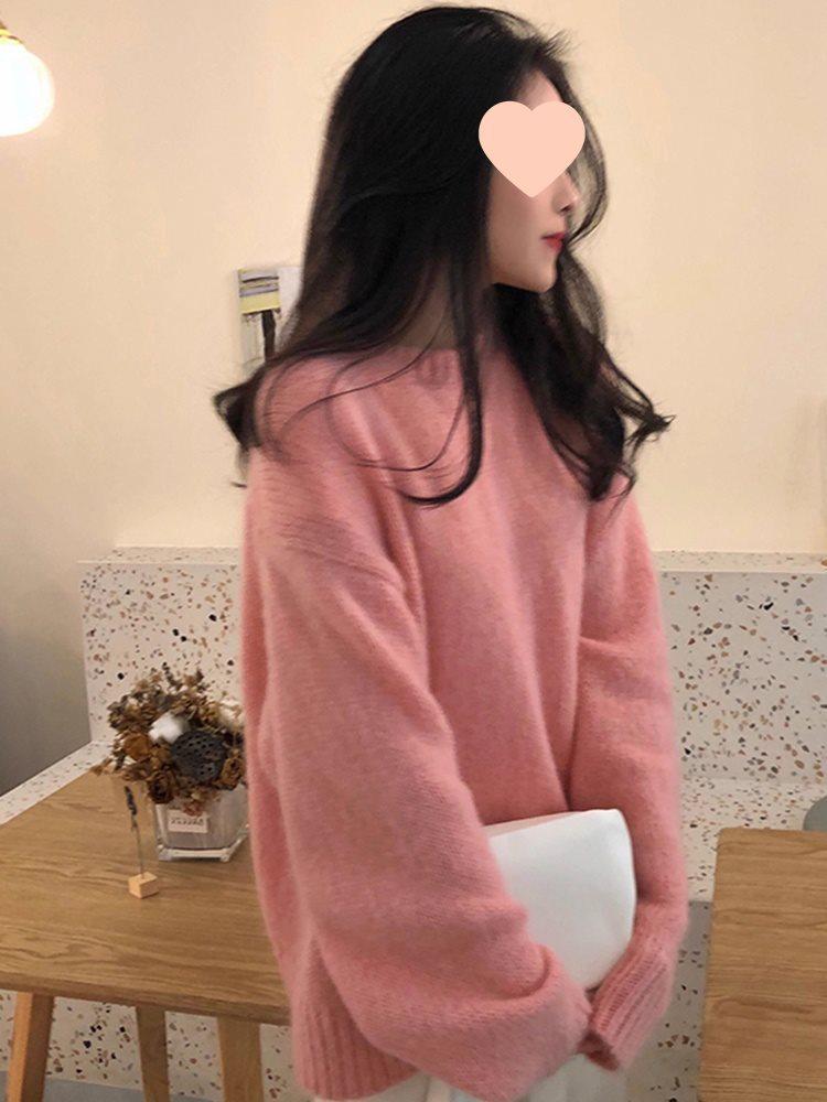 Mléčně žlutý mohérový volný pletený svetr - Dámský jarní/letní petite líný styl, silný kulatý výstřih, pulovr