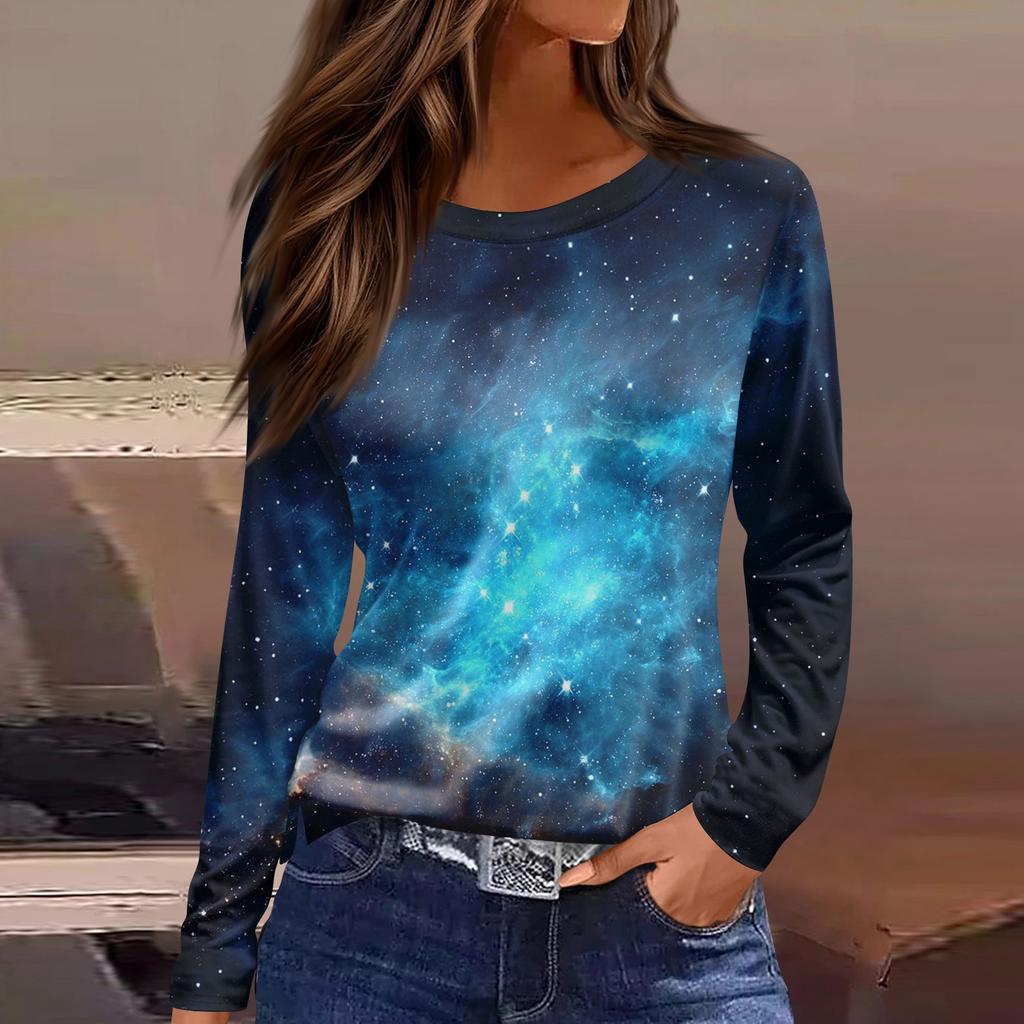 Damenmode Lässig Schlitz Saum Rundhals Langarm Lose Bedrucktes T-Shirt Damen Top