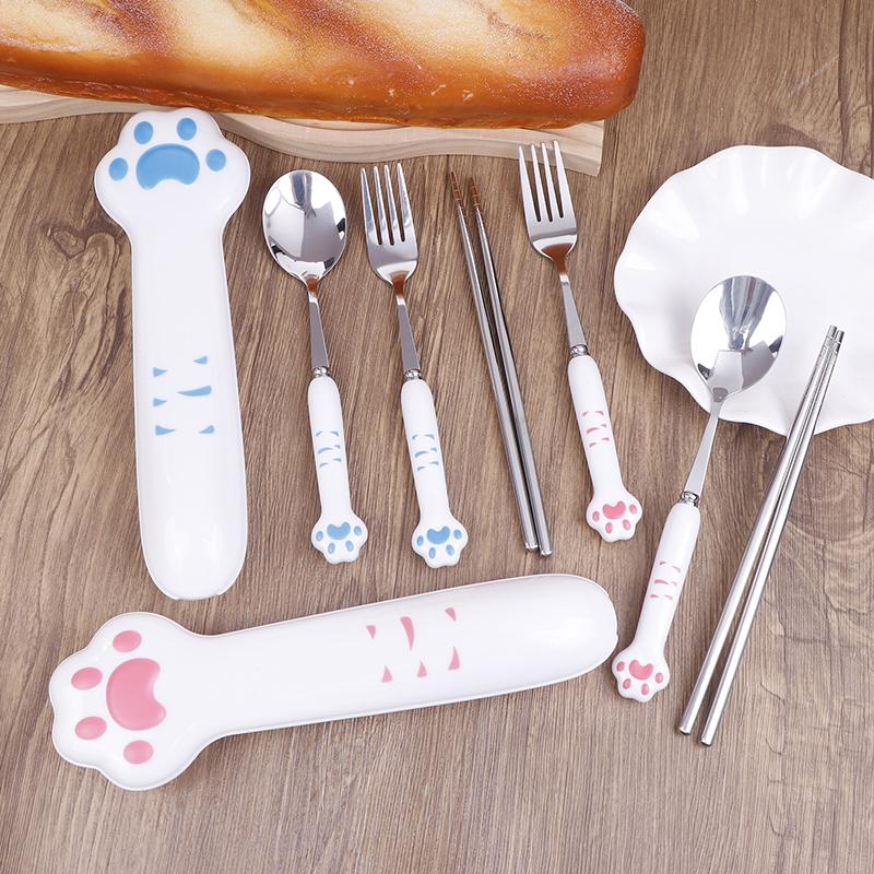 Cartoon Cat Claw Stainless Steel Spoon And Fork Set Spoon Chopstick Cutlery Student Outdoor Camping Portable Kitchen Accessories