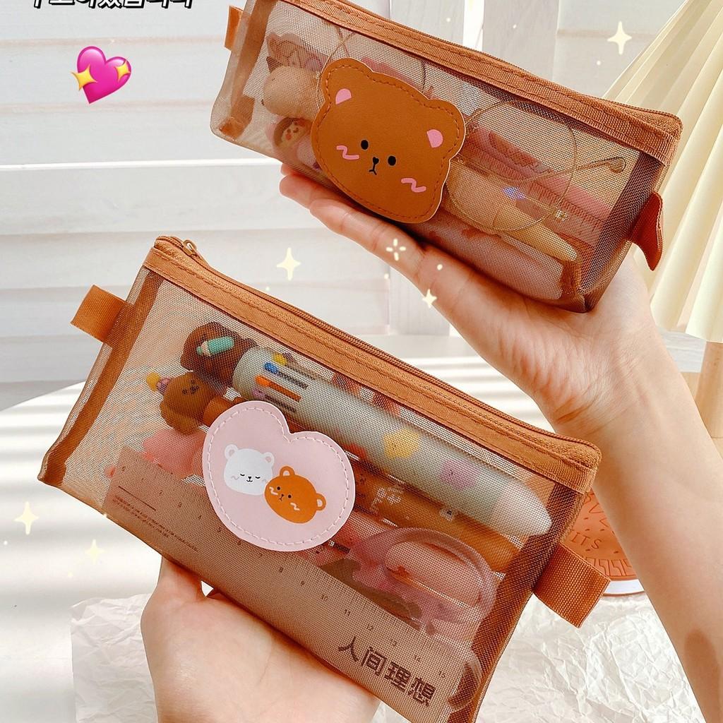 Cute Bear Mesh Pencil Case With Large Capacity For School Supplies And Storage