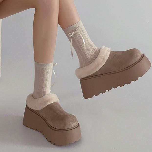 Korean version of casual fluff eversion platform slippers wear autumn and winter retro fashion versatile women's cotton slippers