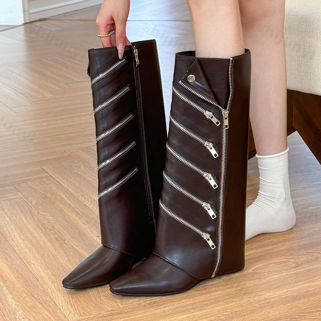 Designer Zipper Knee High Boots Women New 2024 Fashion Pointed Toe High Tube Knight Long Boots Autumn Winter Women Trouser Boots