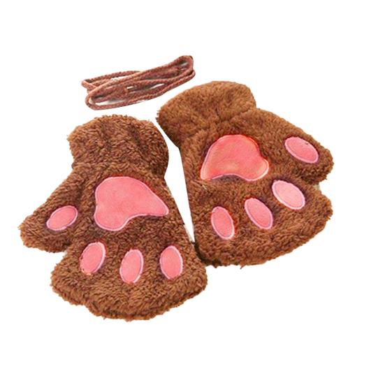 Winter Girl Cute Bear Cats Claw Cashmere Neck Hanging Half Finger Gloves Mittens