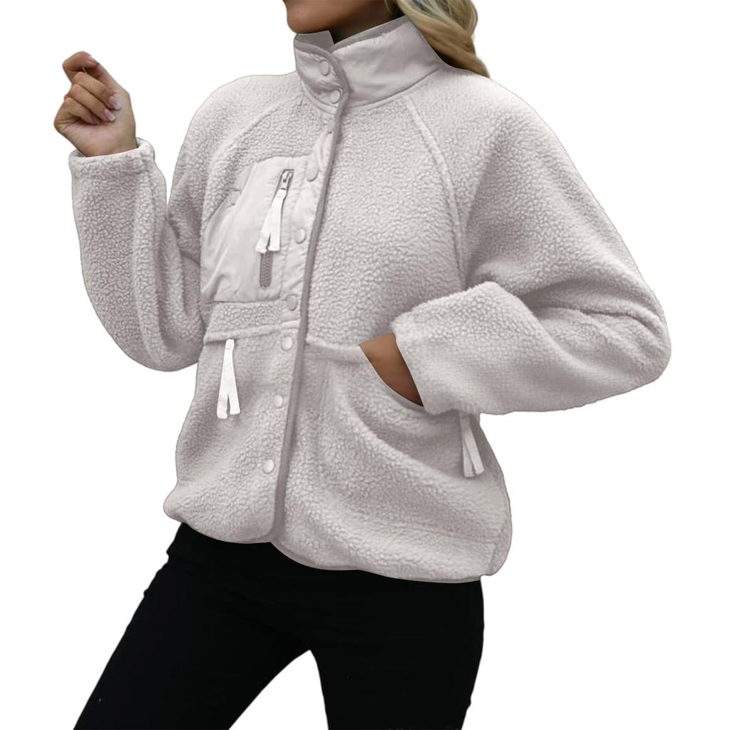 Damen Stehkragen Fleecejacke Knopfleiste Lässige Oberbekleidung Langarm Leichtes Sportliches Oberteil mit Tasche