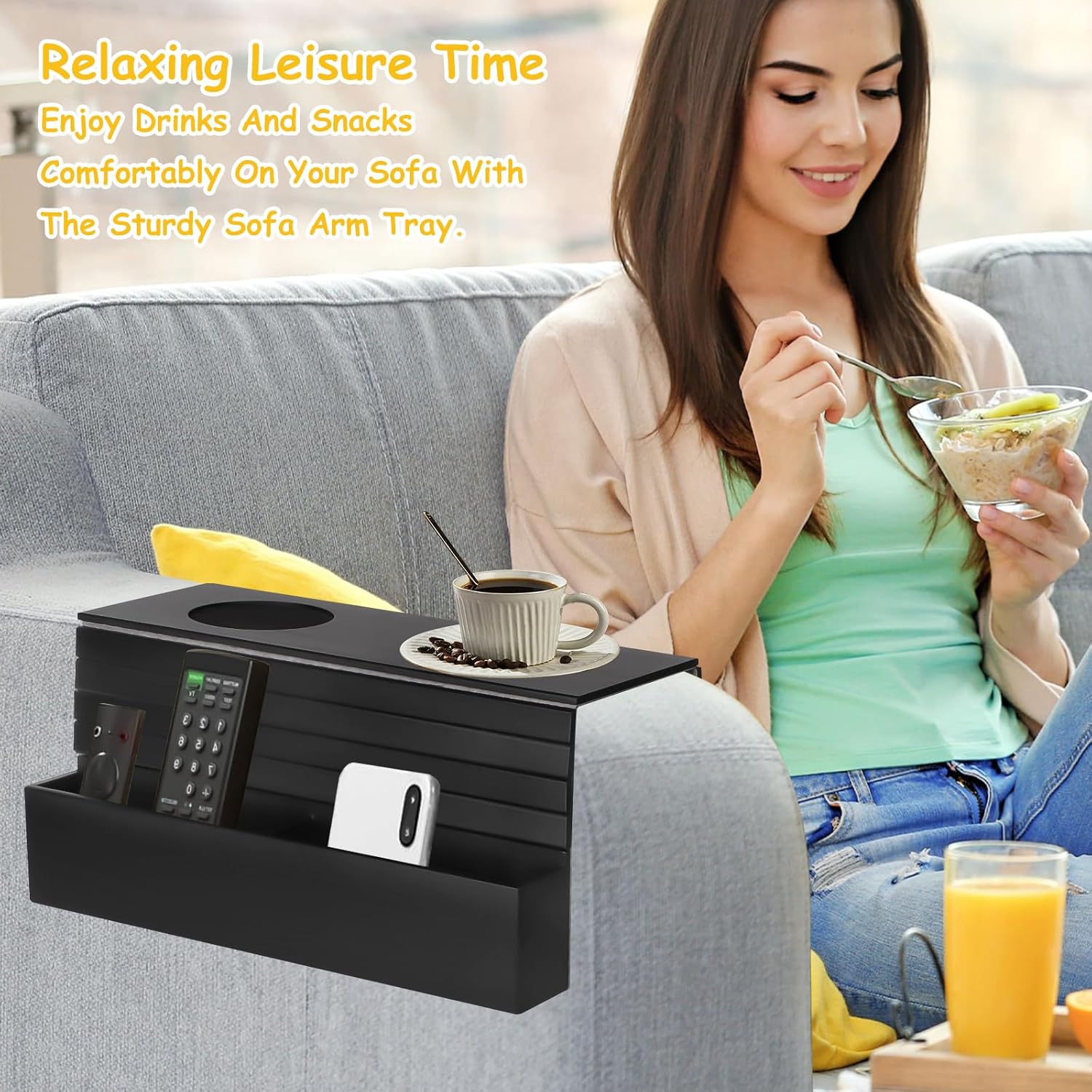 

Поднос на подлокотник дивана, Столик на подлокотник дивана с 2 нескользящими подставками для чашек и полкой на спинке дивана, 19,88 x 12,6 дюйма, Поднос-подставка для чашек для дивана, Устойчивый и фиксированный, Легкий