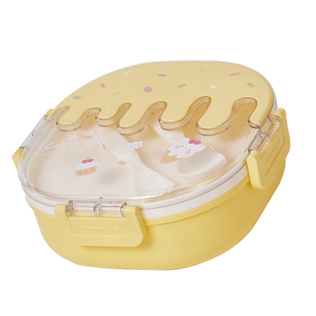 Fiambrera Bento para Niños Adultos 3 Compartimentos Plástico Lindo Helado Contenedores de Almuerzo Merienda con Tenedor y Cuchara para