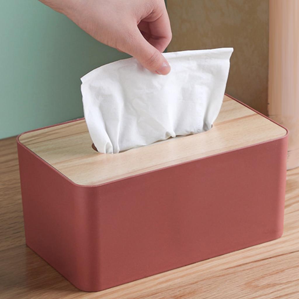Desktop Tissue Box Rectangular Plastic Tissue   Box Cover with Wooden Lid for Home
