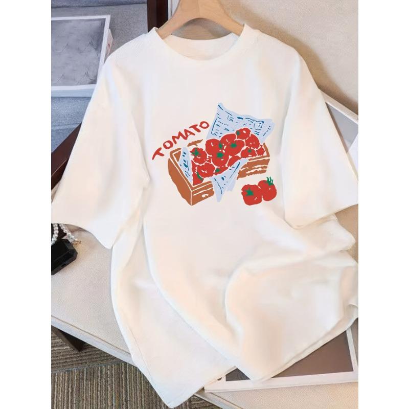 Summer 2025 Women's Short Sleeve T-Shirt Black Geometric Tomato Strawberry Printed Loose Fit Round Neck Casual Tops Summer