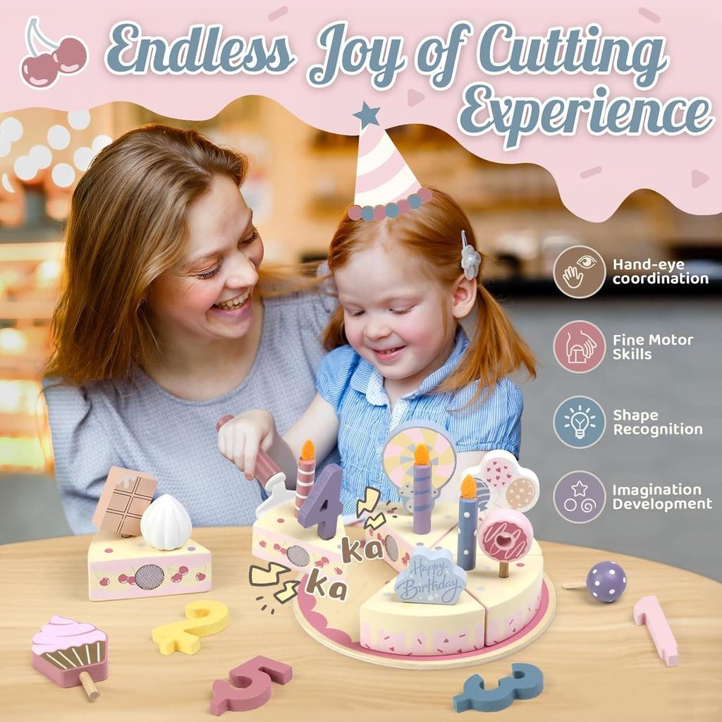 Toys Wooden Kitchen Simulation Birthday Cake Toy Pretend Play Cutting Food Game Role Play Toy Gifts for Boy Girl Kids Children