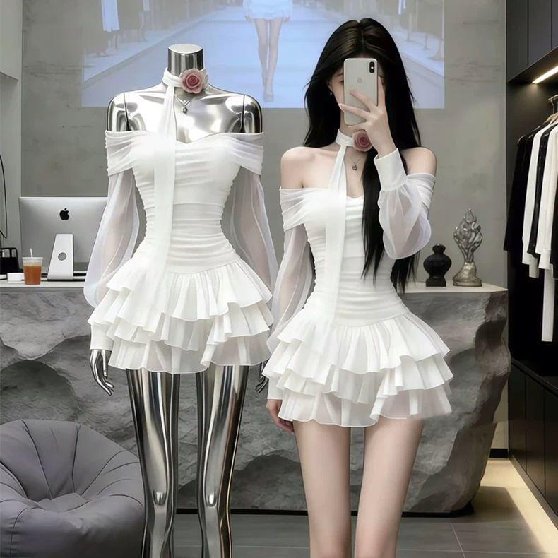 

Women s White One-Shoulder Ruffle Long Sleeve Dress: Autumn/Winter Princess Style Gown with Puffy Skirt M (suggest 98-110 jin)