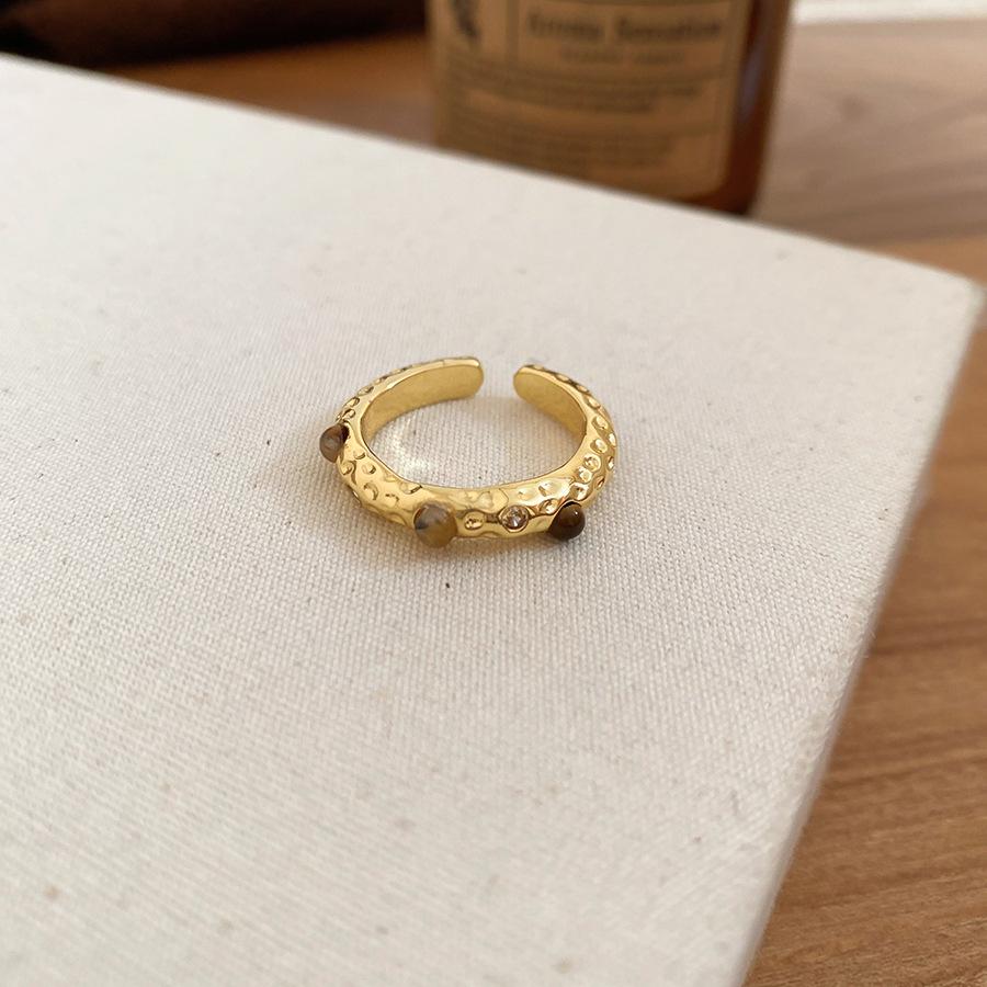 

Electroplated Tiger s Eye Stone Round Opening Ring Maillard Vintage Niche Index Finger Ring Light Luxury Ring