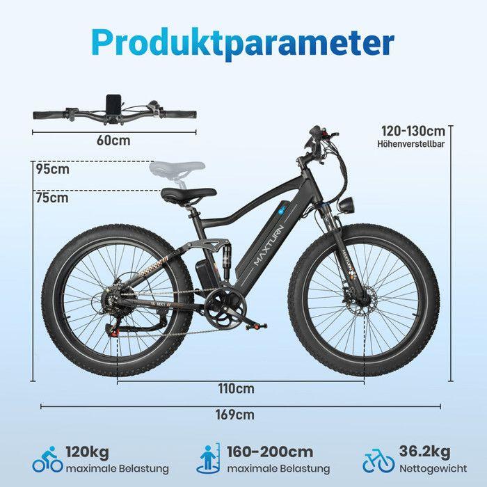 Electric Bike - Maxturn MX1-BLACK - 500 W Motor - 48V 13Ah Battery - Range 80–100 Km - 26" Wheels
