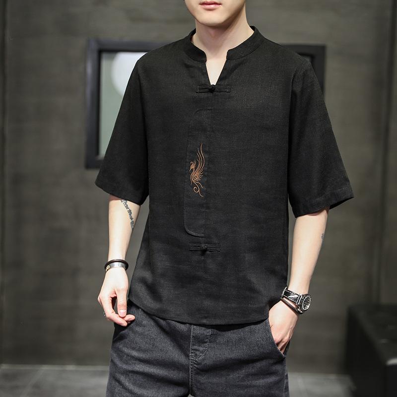 Men's Summer Chinese Style Solid Color Casual Short-sleeved T-shirt Youth Thin V-neck Embroidered Blouse