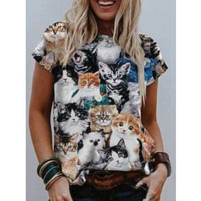 Women's 3D Cat and Dog Print Round Neck Casual Women's T-shirt Women's T-shirt