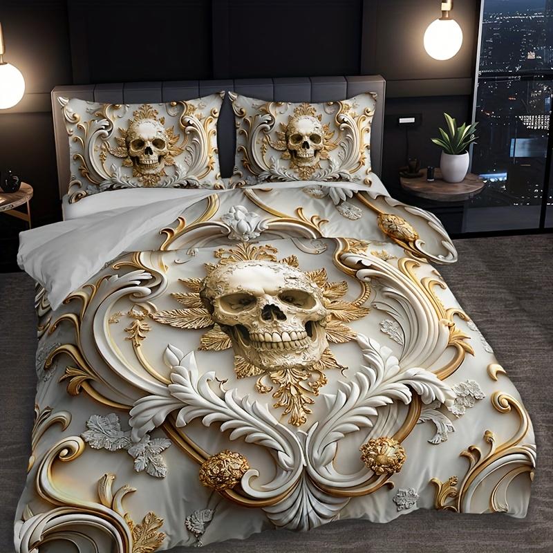 Golden Skull Duvet Cover Set Elegant White Golden Floral Skull Design Breathable Polyester Fabric All-Season Comfort For Home