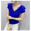 Summer Short Sleeved V Neck Women's T Shirt Elegant Slim Hot Drilling Ruffles Mesh Tees