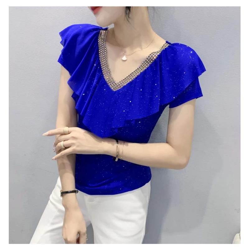 Summer Short Sleeved V Neck Women's T Shirt Elegant Slim Hot Drilling Ruffles Mesh Tees