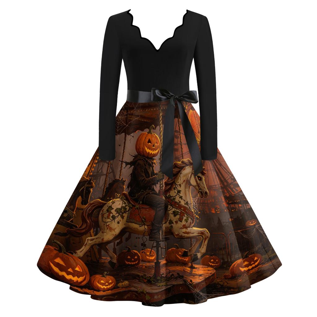 Women's Vintage V-Neck Long Sleeve Casual Halloween Print Dress