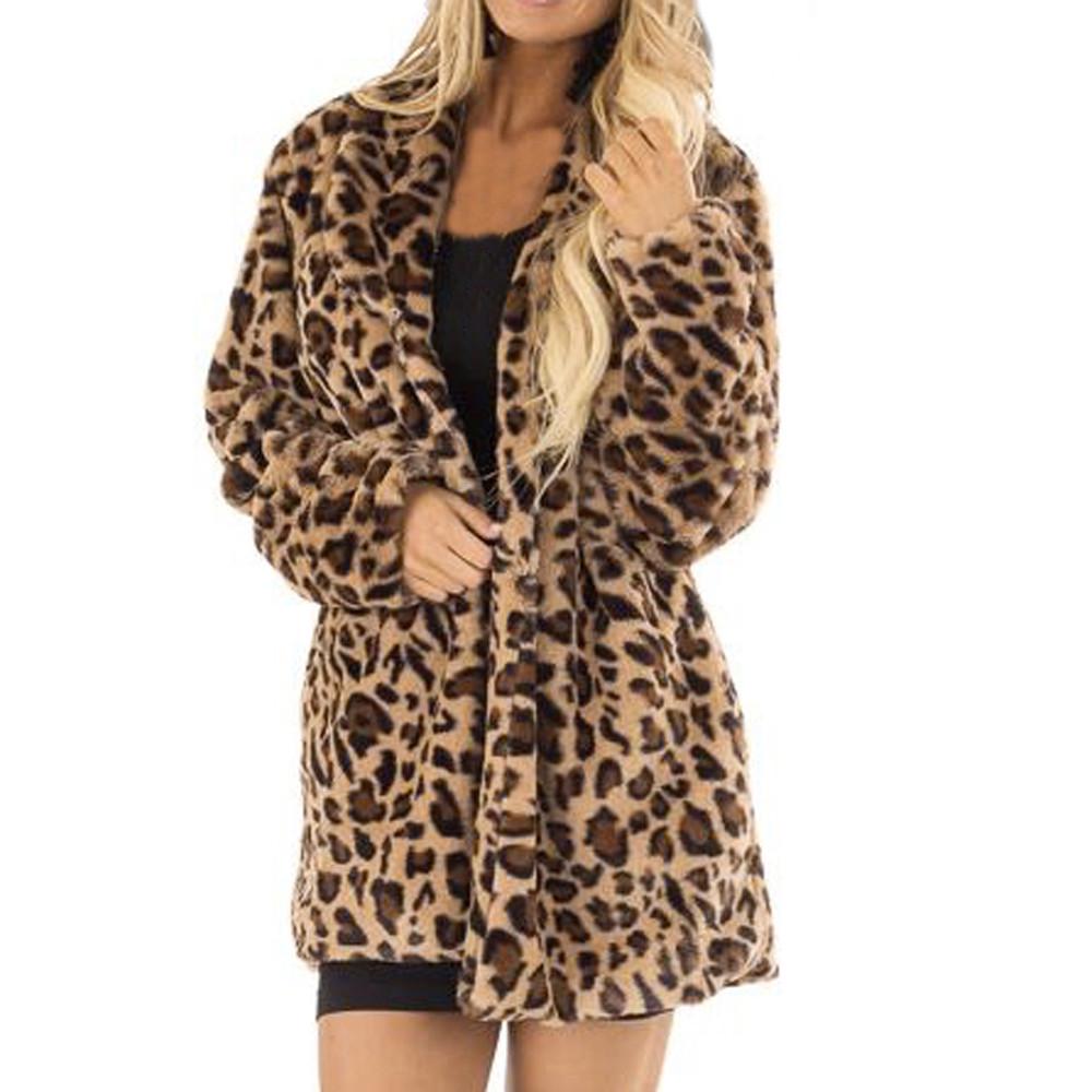 Womens Villi Winter Long Sleeve Leopard Print Fashion Pocket Coat