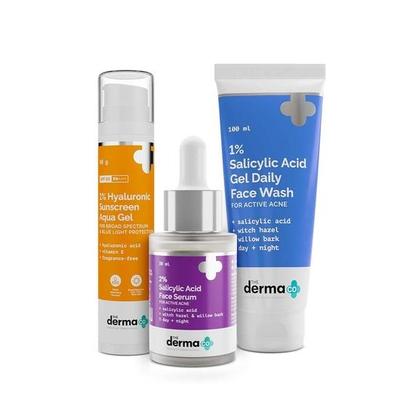 The Derma Co Anti Acne Kit | Skincare Routine Kit | 1% Salicylic Acid Gel + 2% Salicylic Acid Serum + 1% Hyaluronic Sunscreen Aqua Gel