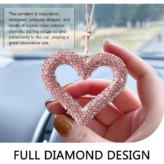 Bling Heart Car Hanging Accessories, Crystal Rhinestone Rearview Mirror Hanging Ornaments, Cute Diamond Rear View Mirror Charm Pendant Ornaments,
